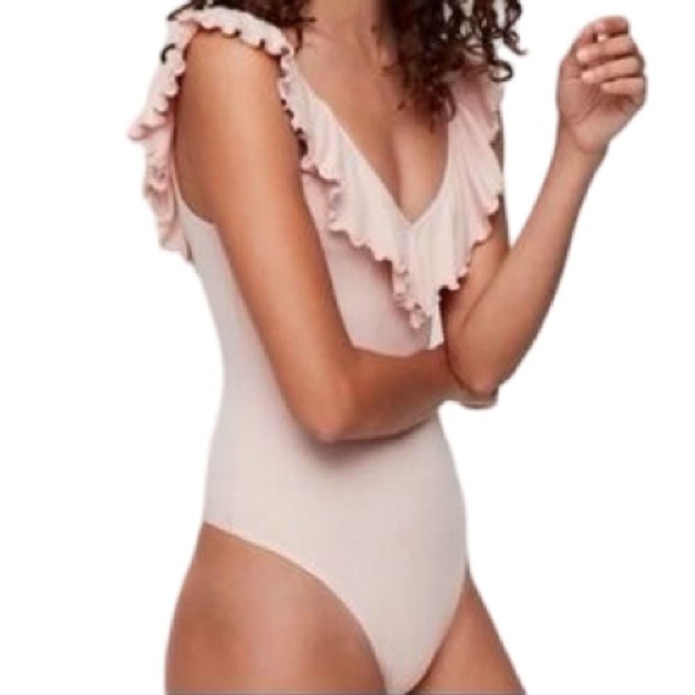 Aritzia Wilfred Danette Light Pink Ruffled V-Neck Bodysuit | Size XXS